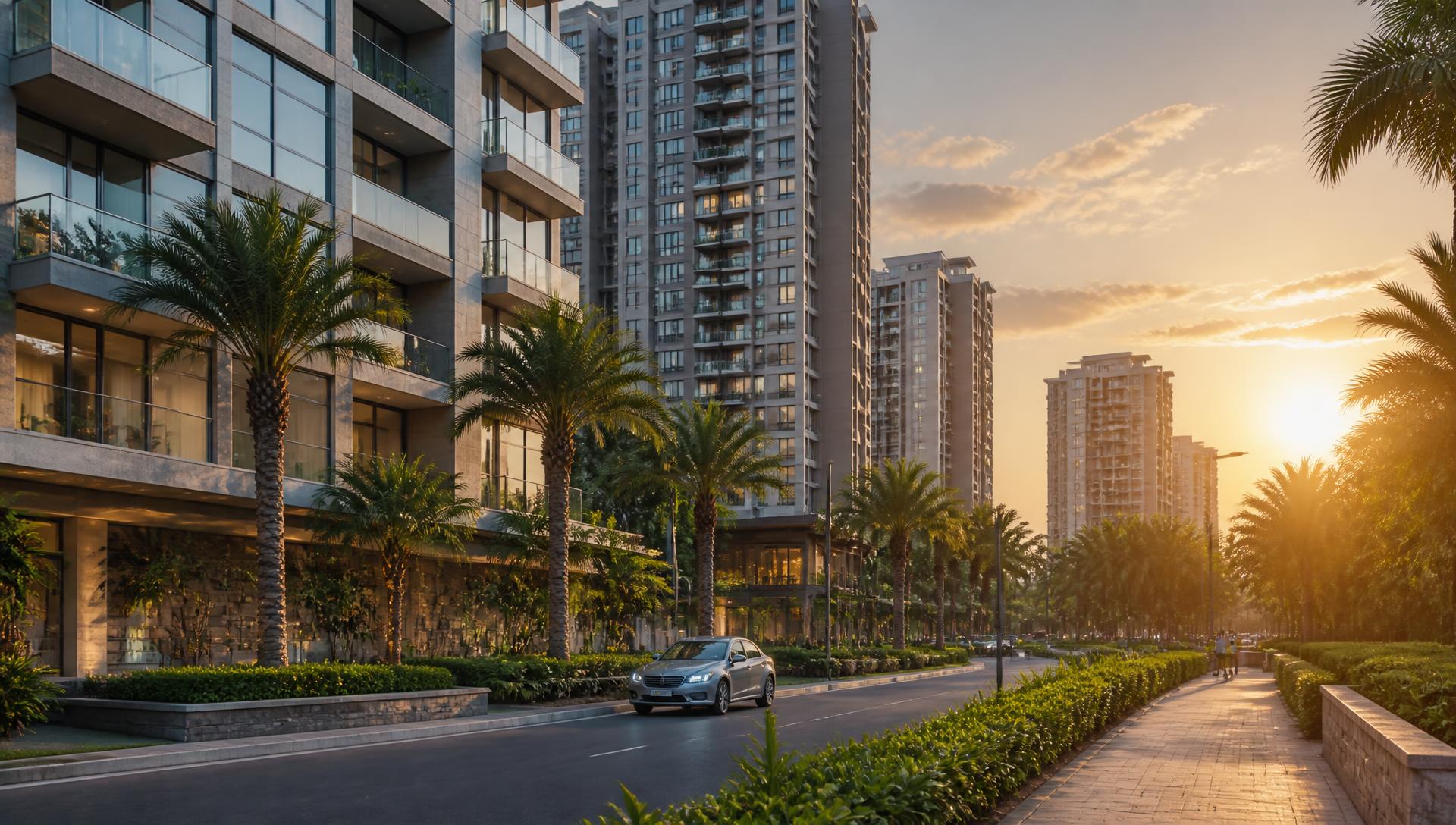 Premium residential towers along a palm-lined boulevard at golden hour